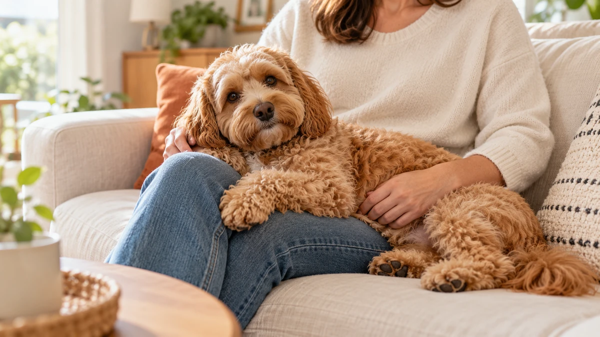 Cockapoo köpek — sahibinin kucağında
