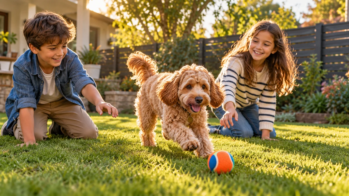 Cockapoo köpek — çocuklarla oyun