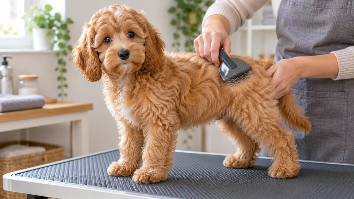 Cockapoo yavru köpek — tüy bakımı ve fırçalama